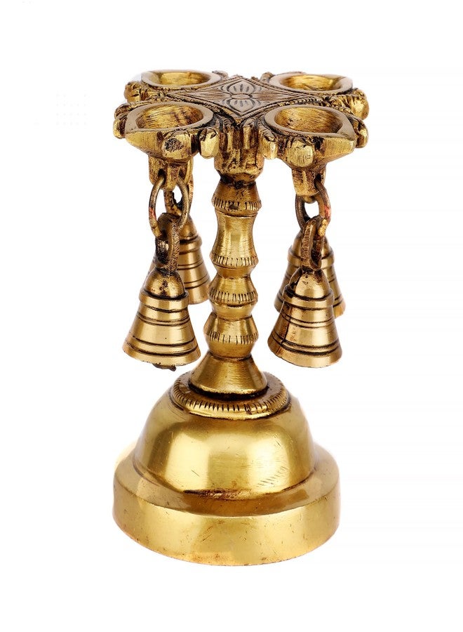 D Brasso Brass Handmade 4 Wick Oil Diya | Antique Finish Brass Diya with Bells | Traditional Pooja Lamp for Temple & Mandir - Image 1